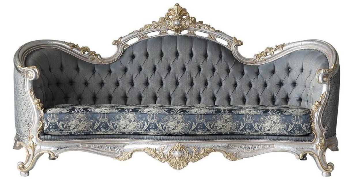 Casa Padrino sof¨¢ de sal¨®n barroco de lujo con cojines decorativos gris / azul / plata / oro 250 x 95 x A. 125 cm - Noble & Magn¨ªfico