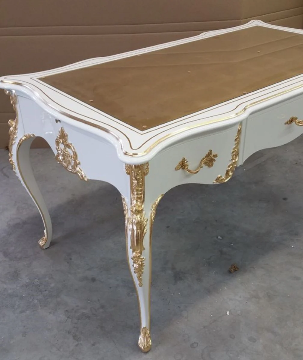 Casa Padrino escritorio barroco de lujo blanco / oro - Magn¨ªfica mesa de oficina de madera maciza hecha a mano con tapa de vidrio - Muebles de oficina barrocos - Calidad de Lujo - Hecho en Italia