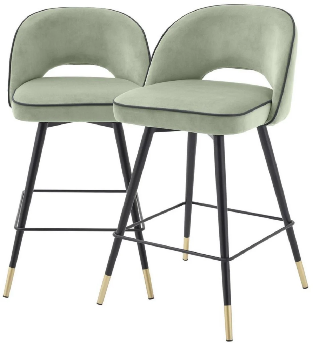 Casa Padrino conjunto de sillas de bar de lujo verde pistacho / negro / lat¨®n 51 x 52 x A. 92,5 cm - Taburetes de bar con asiento giratorio y tela de terciopelo noble - Muebles de Bar de Lujo