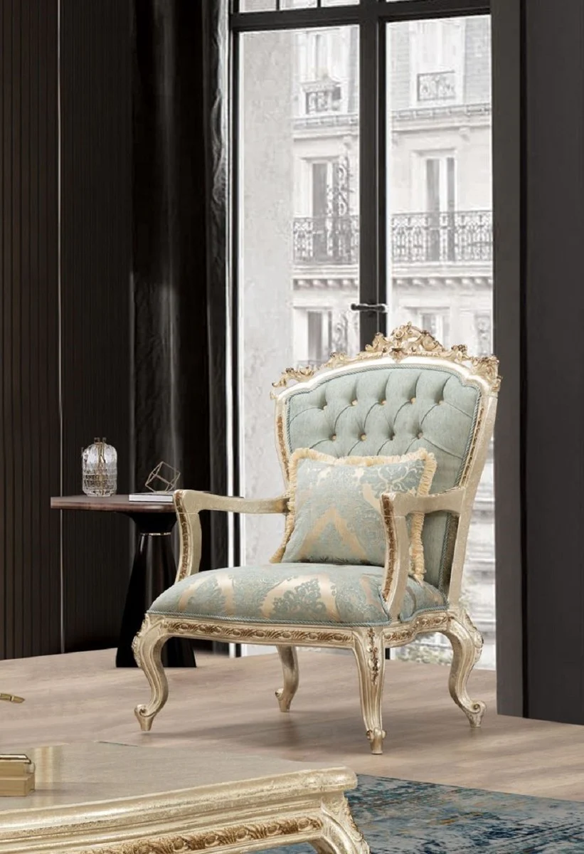 Casa Padrino conjunto de sala de estar barroco de lujo verde / oro antiguo - 2 Sof¨¢s y 2 Sillones y 1 Mesa de Centro - Muebles de sal¨®n hechos a mano en estilo barroco - Noble y Magn¨ªfico