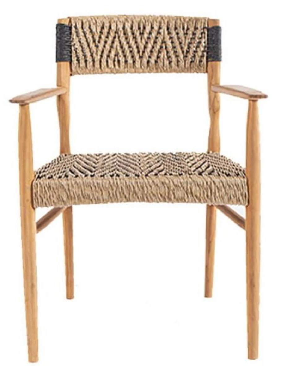 Casa Padrino silla de comedor de lujo con reposabrazos natural / negro 58 x 55 x A. 80 cm - Silla de jard¨ªn de lujo de madera maciza con tejido de rat¨¢n - Muebles de comedor de lujo