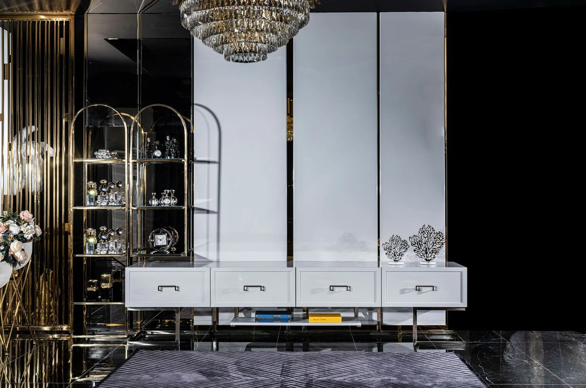 Casa Padrino gabinete TV de lujo blanco / oro / plata 260 x 45 x A. 60 cm - Aaparador de sal¨®n con 4 cajones - Muebles de sal¨®n - Muebles de lujo - Muebles de hotel