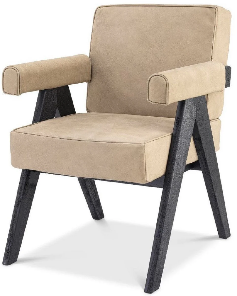 Casa Padrino silla de comedor de piel genuina de lujo con reposabrazos beige / negro 64 x 70 x A. 87,5 cm - Silla de cocina con cuero de b¨²falo nobuck fino - Muebles de comedor de lujo