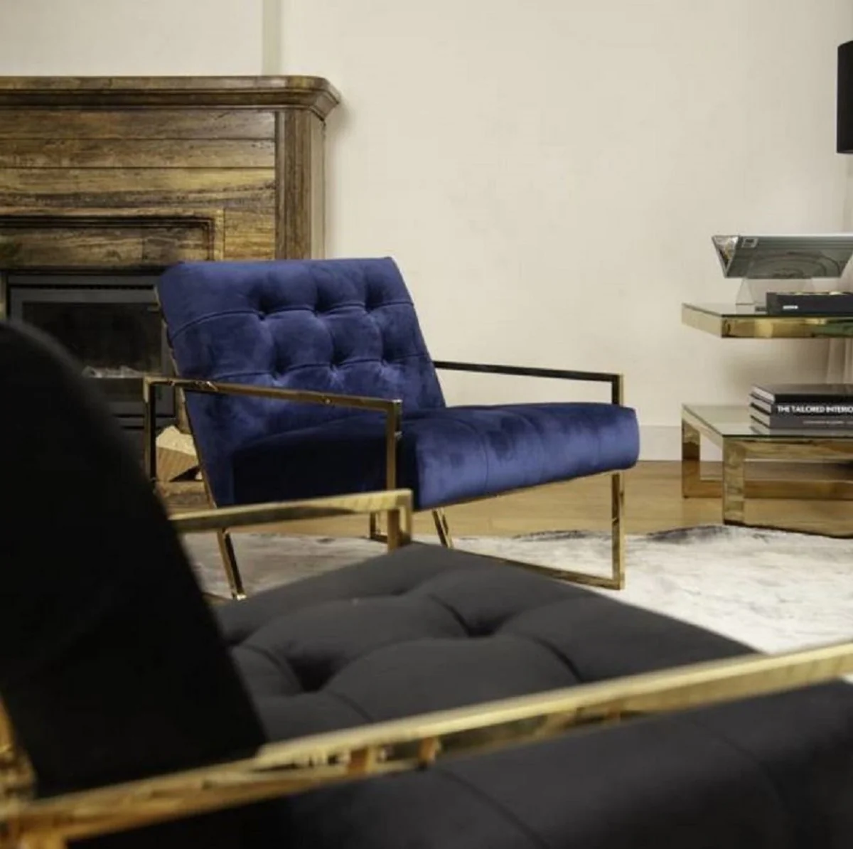 Casa Padrino Sill¨®n Chesterfield Lounge Club Velvet de Lujo Azul Oscuro / Oro 70 x 80 x H. 68 cm - Muebles Chesterfield