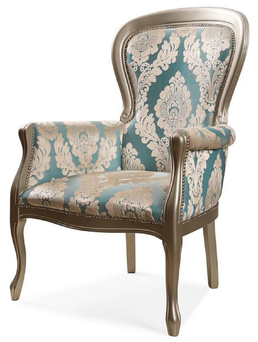 Casa Padrino sill¨®n barroco de lujo turquesa / plata - Sill¨®n de sal¨®n de estilo barroco con patr¨®n elegante - Muebles de sal¨®n barrocos - Noble y magn¨ªfico