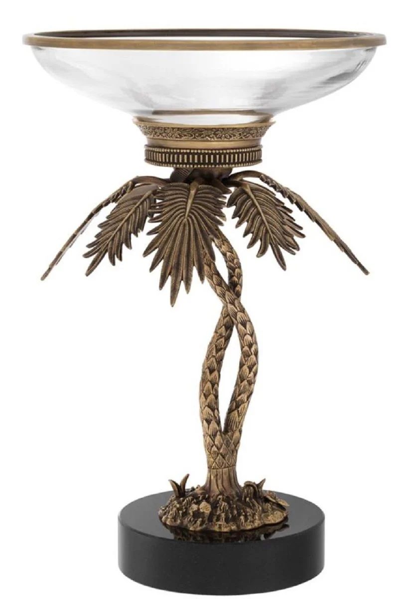 Casa Padrino tazón de vidrio de lujo con soporte de palmera de latón y base de granito latón vintage / negro Ø 33,5 x H. 50,5 cm - Accesorios de Hotel y Restaurante