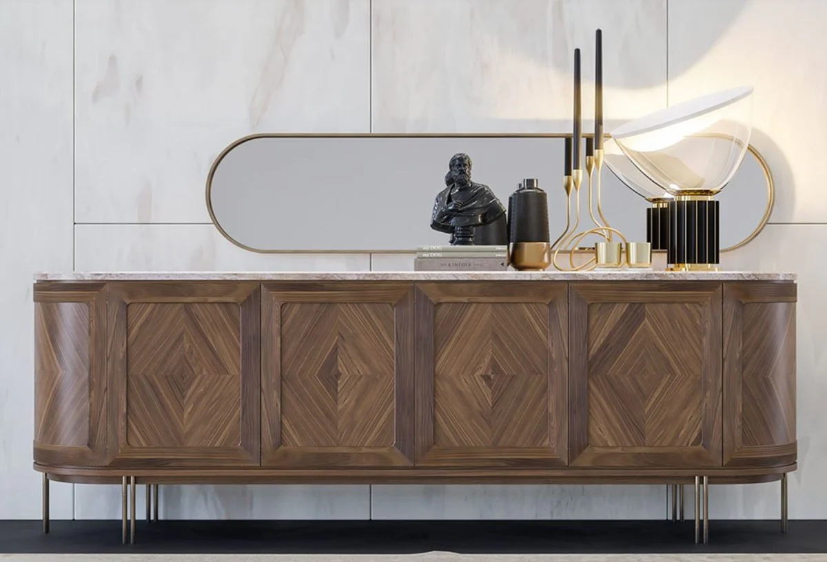 Casa Padrino aparador de lujo marr¨®n / beige / lat¨®n 244 x 56 x A. 85 cm - Armario ovalado de madera maciza con 4 puertas y tapa de m¨¢rmol - Muebles de comedor - Muebles de hotel - Muebles de lujo