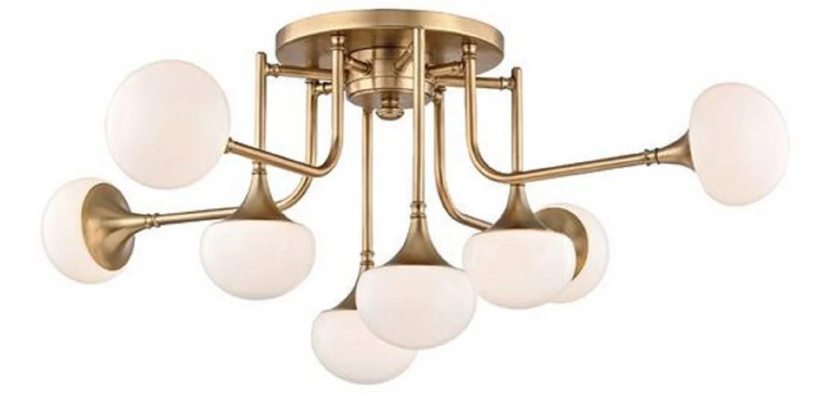 Casa Padrino Lámpara de Techo LED de Lujo Latón Antiguo / Blanco Ø 92,7 x H. 36,8 cm - Lámpara de Techo con Pantallas de Vidrio Esférico - Calidad de Lujo