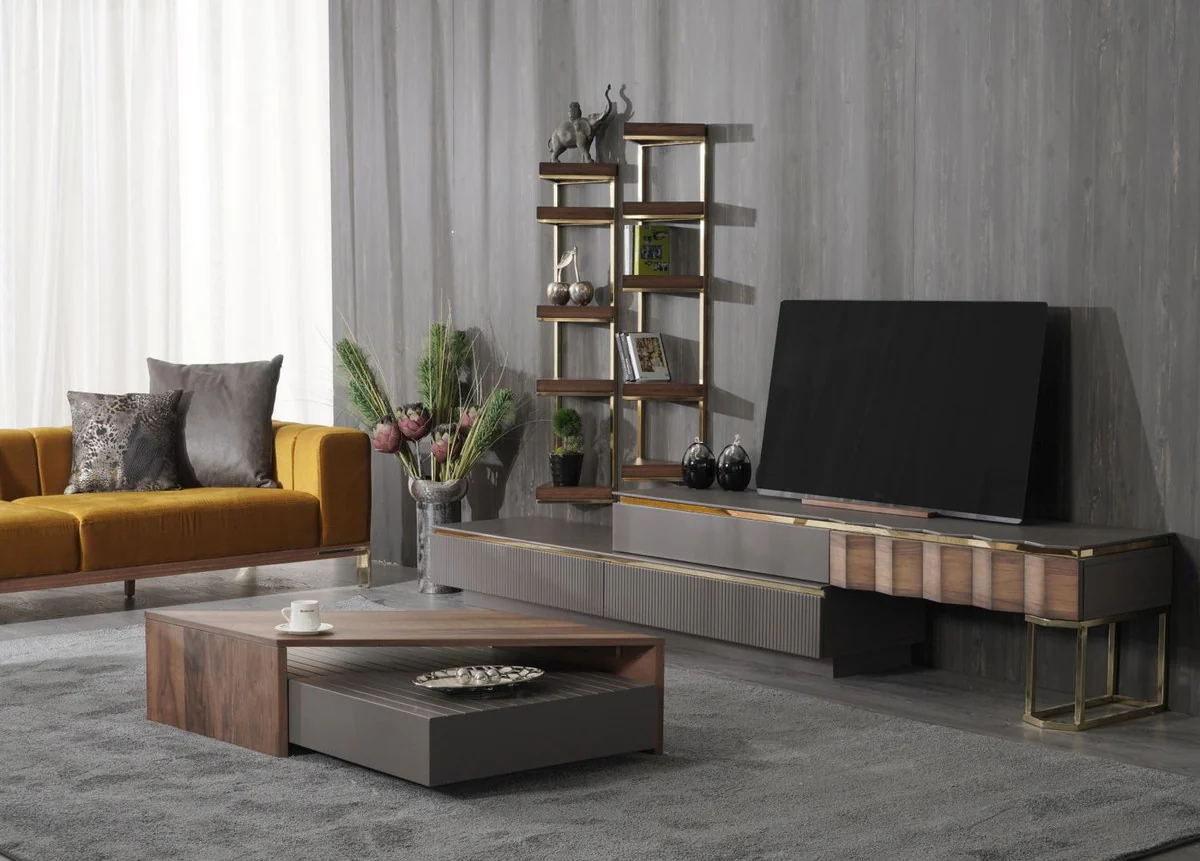 Casa Padrino conjunto de gabinete de TV para sala de estar de lujo gris / marr¨®n / oro - 1 Gabinete de TV con 4 Cajones y 2 Estantes de Pared - Muebles de sal¨®n de madera maciza - Muebles de lujo