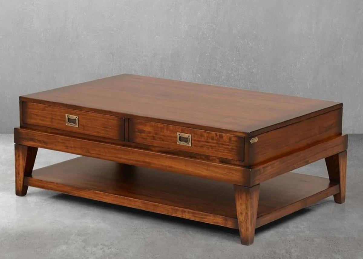 Casa Padrino mesa de centro de estilo vintage de lujo marr¨®n / lat¨®n 124 x 79 x A. 49 cm - Mesa de sal¨®n rectangular de madera maciza con cajones - Muebles estilo vintage - Muebles de lujo