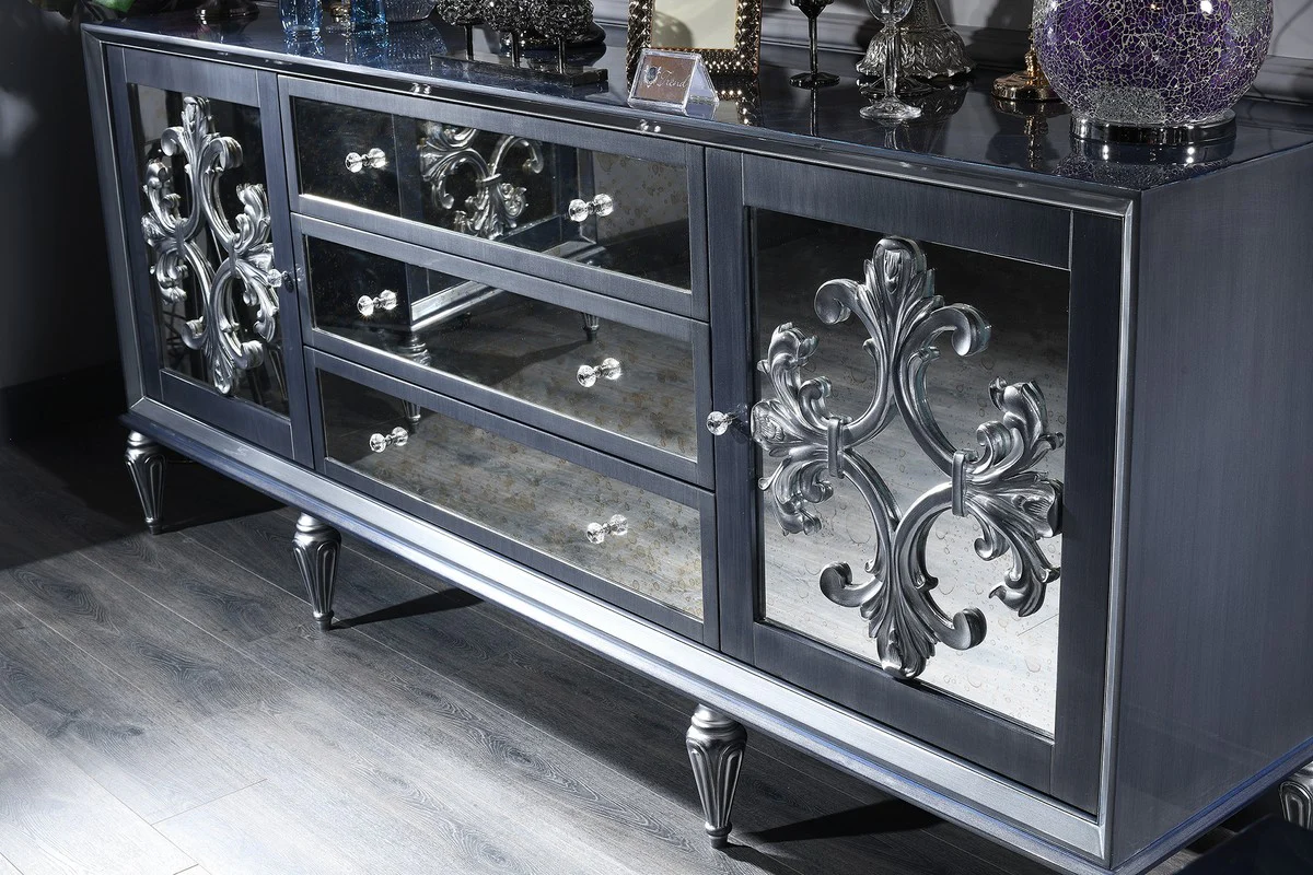 Casa Padrino conjunto de sala de estar barroco de lujo gris / azul / plata - C¨®moda con 3 Espejos - Muebles de Sal¨®n Barrocos