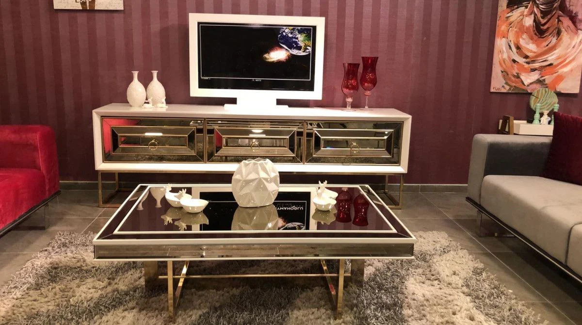 Casa Padrino gabinete TV de lujo con 3 cajones espejados blanco / oro 220 x 49 x A. 64 cm - Muebles de sala - Calidad de Lujo