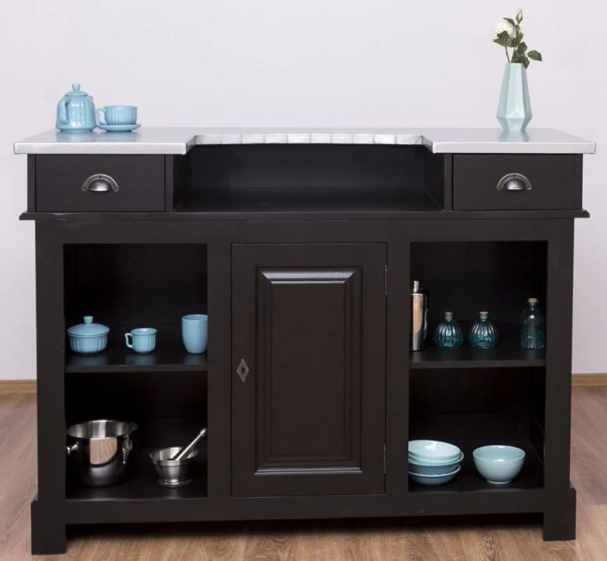 Casa Padrino barra de bar de estilo campestre negro / plata 160 x 65 x A. 107 cm - Barra de bar de madera maciza con sobre de mesa galvanizado - Muebles de bar en estilo campestre