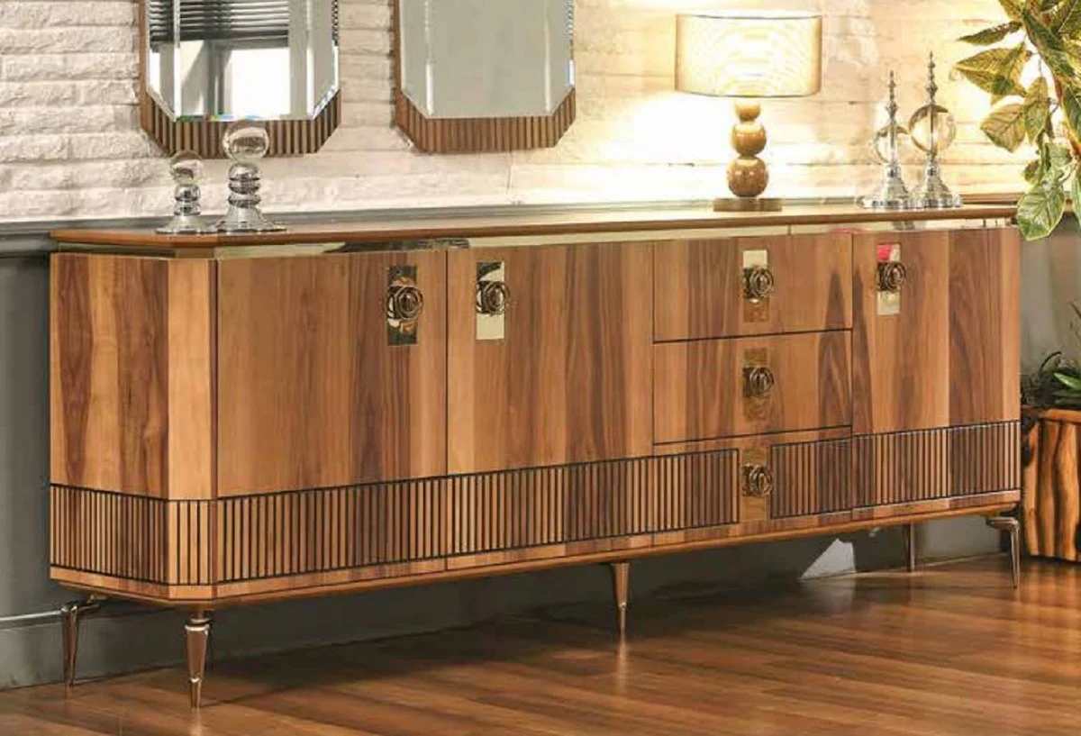 Casa Padrino aparador Art Deco de lujo marrón / oro 200 x 41 x A. 77 cm - Gabinete noble de madera maciza con 3 puertas y 3 cajones - Muebles Art Deco - Muebles de lujo