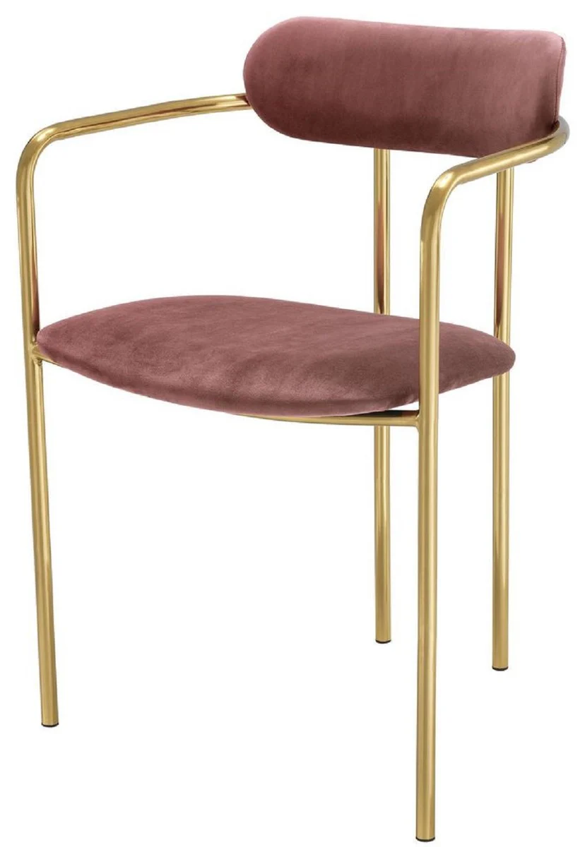 Casa Padrino sillas de comedor de lujo con reposabrazos rosa / oro 53 x 50 x H. 74 cm - Sillas de Cocina con Tela de Terciopelo Fino - Conjunto de Comedor - Muebles de Comedor