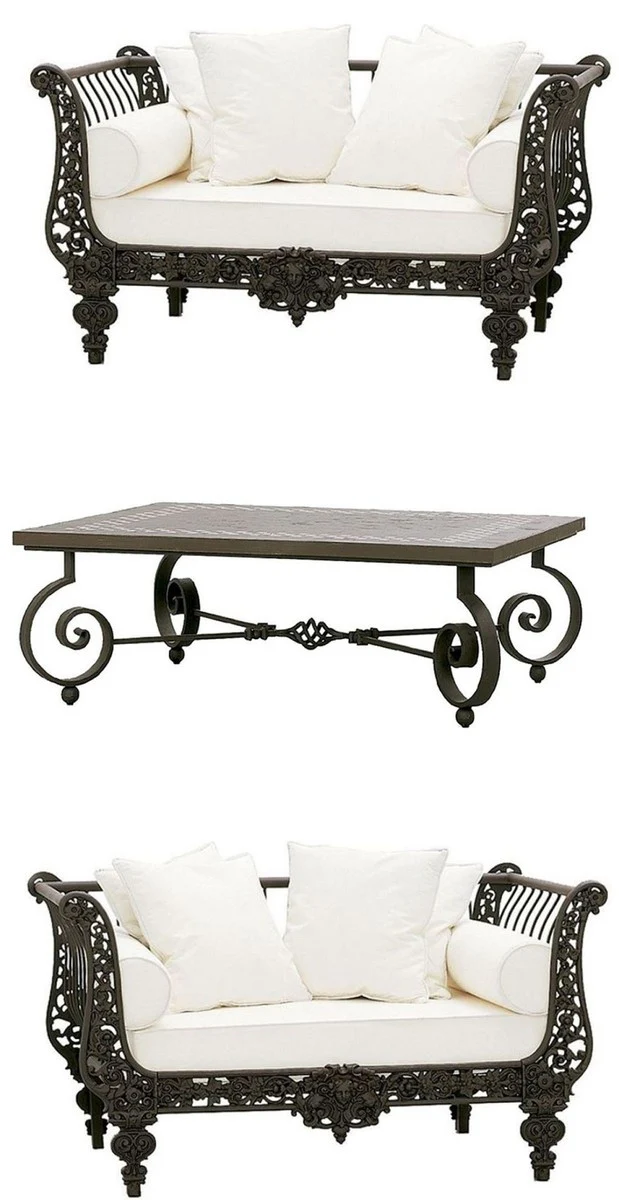 Casa Padrino Conjunto de Muebles de Hierro Forjado Barroco de Lujo Marr¨®n Oscuro / Blanco - 2 Sillones & 1 Mesa de Centro - Muebles de Sal¨®n - Muebles Jard¨ªn - Muebles Barrocos de Lujo