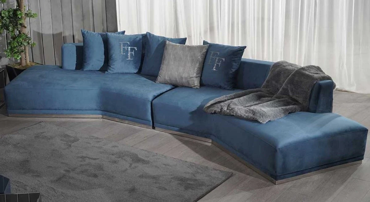 Casa Padrino sof¨¢ de lujo azul / plata 480 x 100 x A. 70 cm - Sof¨¢ de sal¨®n curvo - Sof¨¢ de hotel - Muebles de sal¨®n - Muebles de hotel - Muebles de lujo - Interiores de lujo