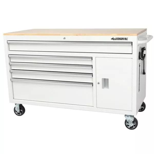 56 IN. W 5-DRAWER 1-DOOR, DEEP TOOL CHEST MOBILE WORKBENCH IN GLOSS WHITE WITH HARDWOOD TOP