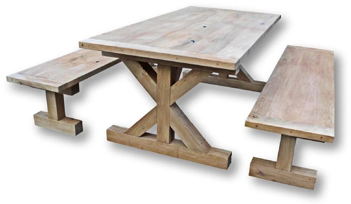 Casa Padrino conjunto de comedor de madera maciza natural - Mesa de Comedor de Madera de Roble con 2 Bancos - Muebles de comedor - Muebles de restaurante - Muebles r¨²sticos de roble