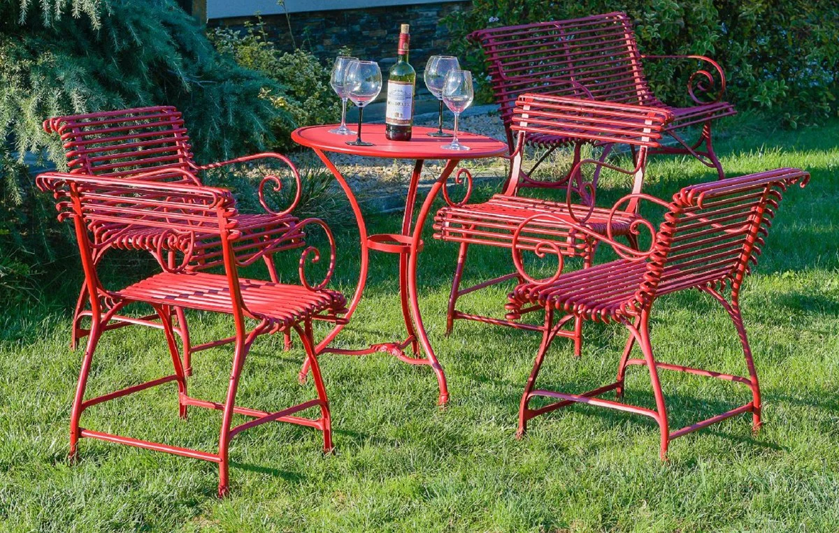 Casa Padrino conjunto de muebles de jard¨ªn Art Nouveau rojo - 1 Mesa Bistr¨® Redonda de Jard¨ªn y 4 Sillas de Jard¨ªn con Reposabrazos - Muebles de Jard¨ªn Barrocos y Art Nouveau