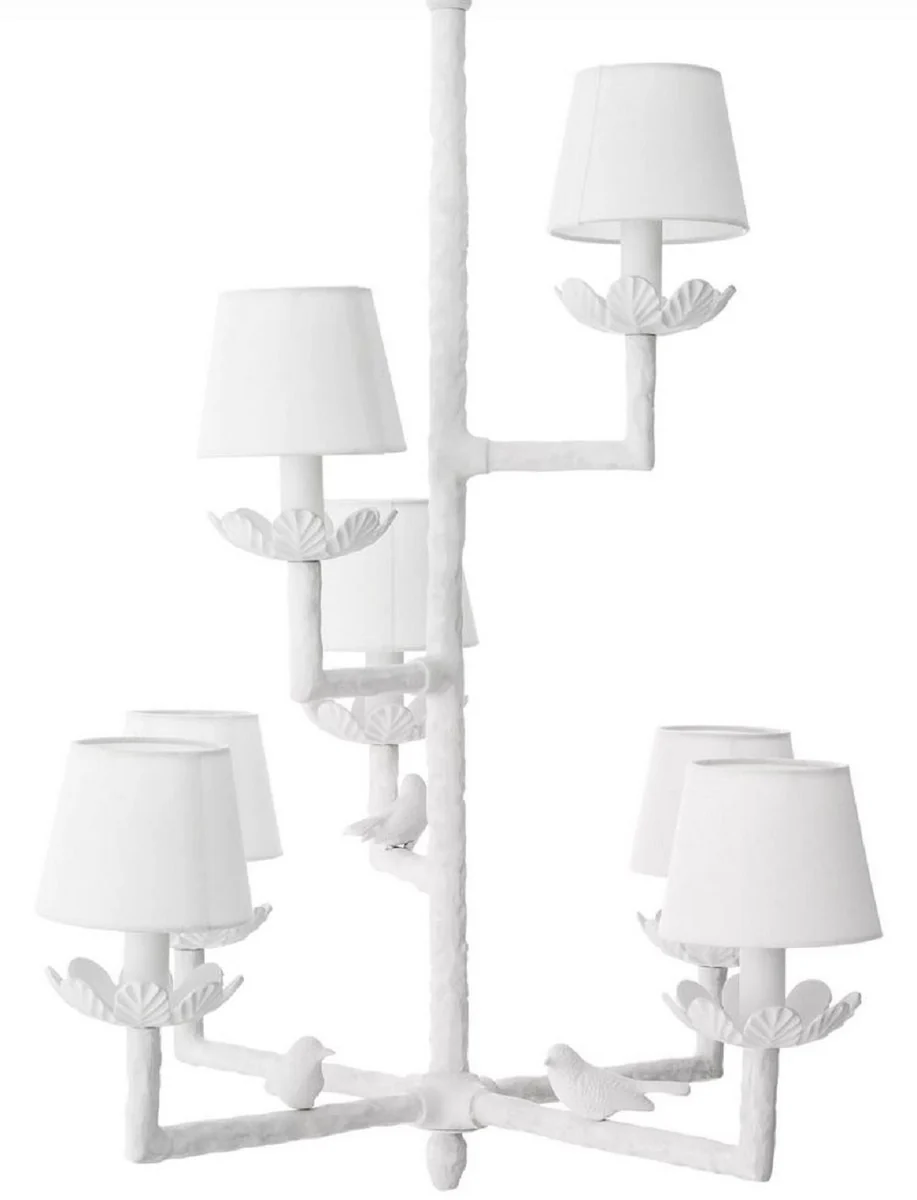 Casa Padrino araña de luces Art Nouveau de lujo de aluminio con pajaritos decorativos blanco mate / blanco 77 x 77 x A. 99 cm - Arañas de Luces de Salón Barroco y Art Nouveau - Calidad de Lujo