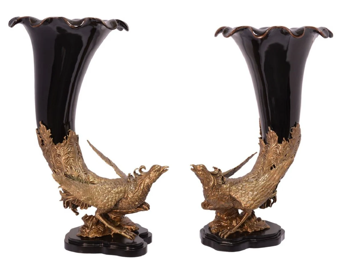 Casa Padrino Conjunto de Flower Jarrones Art Nouveau Faisanes Negro / Latón 34,8 x 25,5 x H. 47,3 cm - Magníficos Jarrones de Porcelana