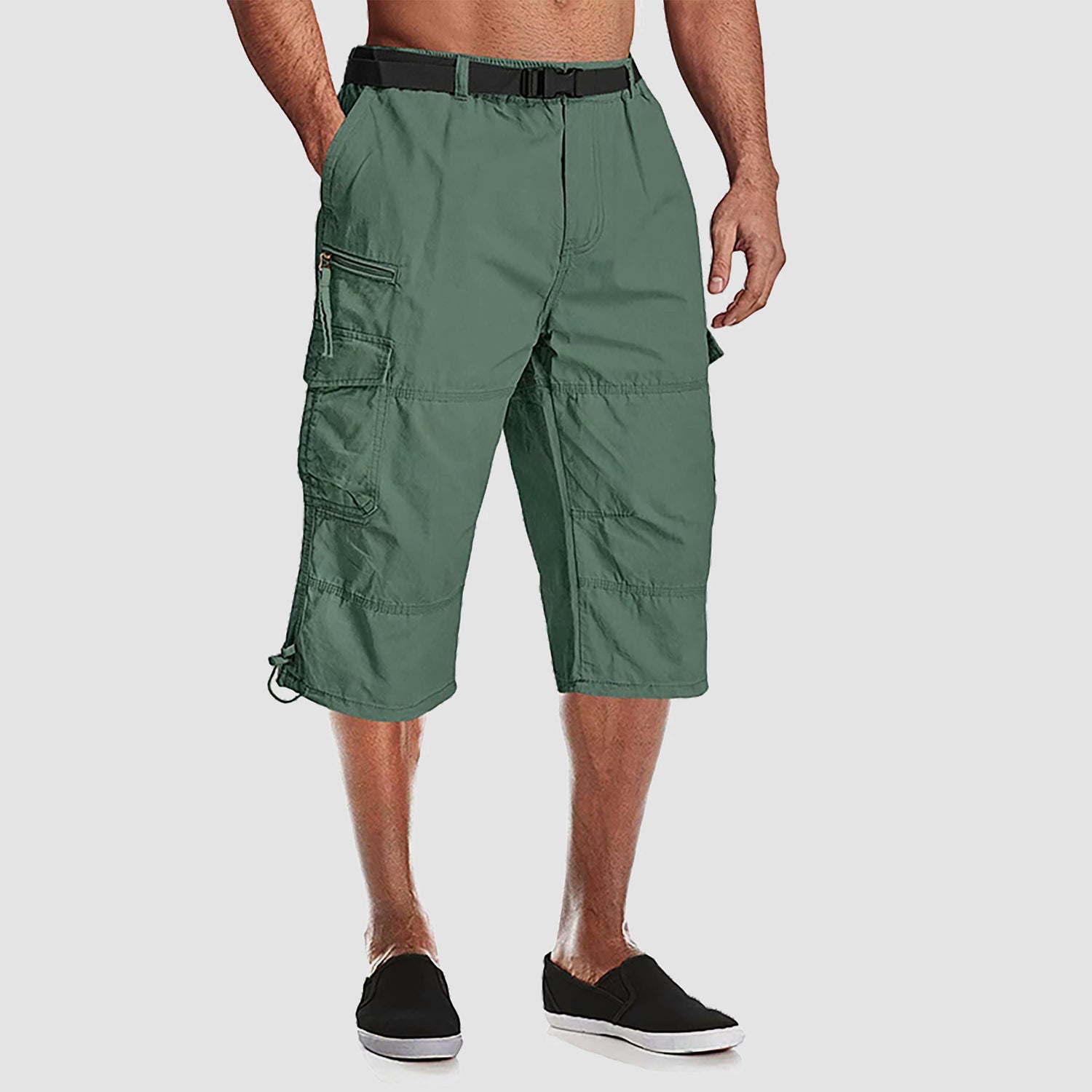 Men Summer Casual 3/4 Long Cargo Shorts Twill Cotton Elastic Waist Multiple Pockets Comfortable Capris Trousers