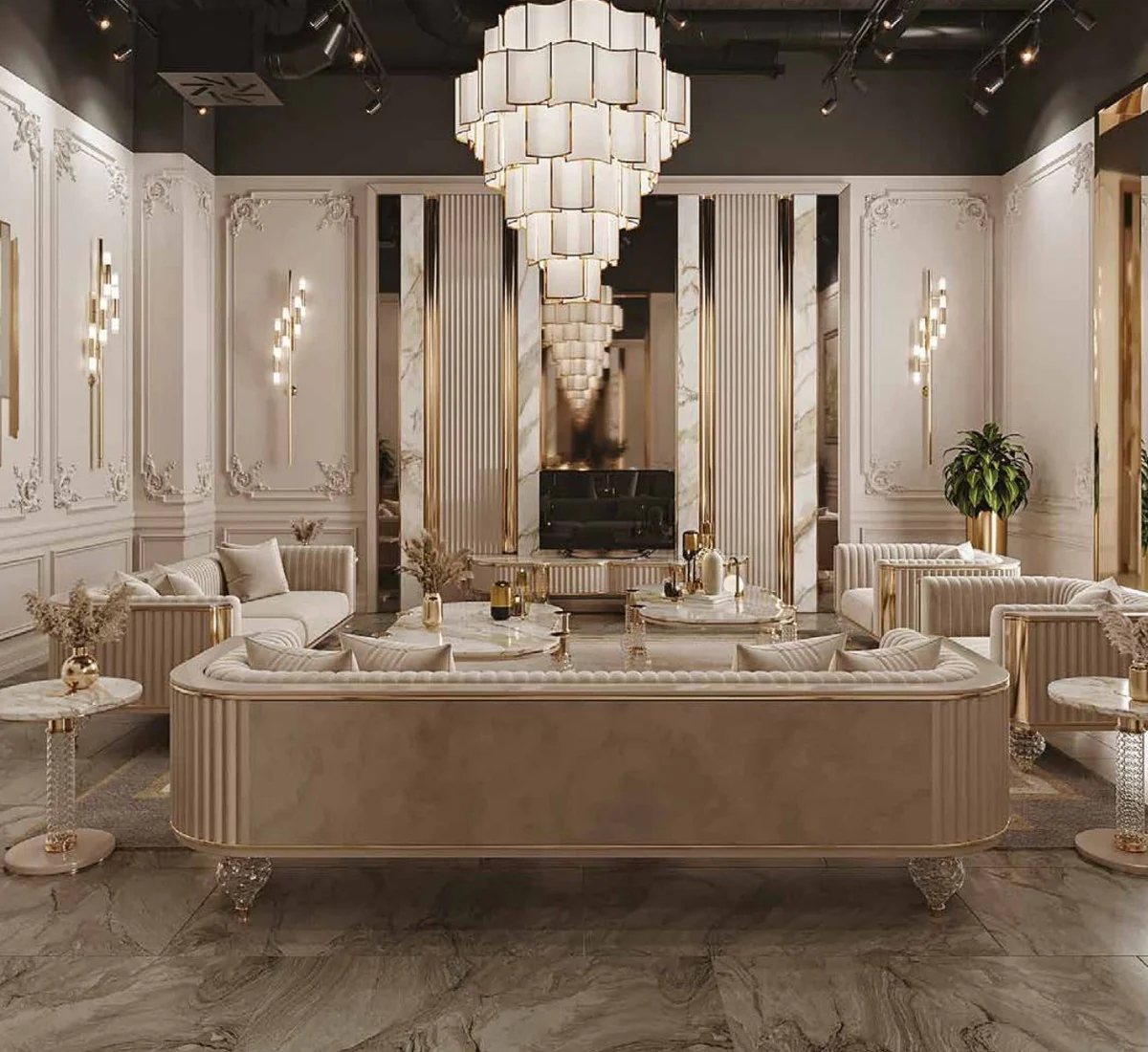 Casa Padrino sof¨¢ de 3 plazas Art Deco de lujo gris / oro 260 x 96 x A. 75,5 cm - Sof¨¢ de sal¨®n - Muebles de sal¨®n - Muebles Art Deco - Muebles de lujo - Interiores Art Deco - Interiores de lujo