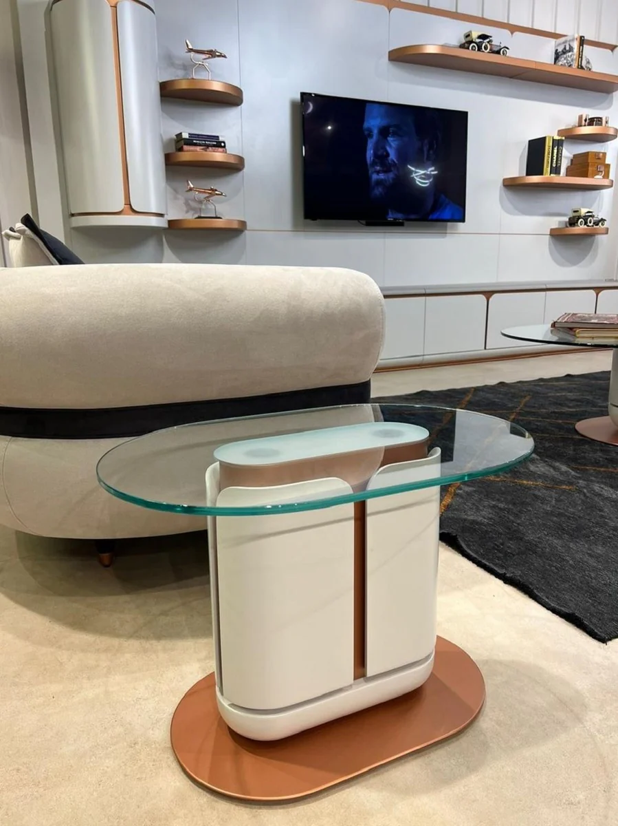 Casa Padrino mesa auxiliar de lujo blanco / cobre 60 x 40 x A. 40 cm - Mesa ovalada con tapa de vidrio - Muebles de sal¨®n - Muebles de hotel - Muebles de lujo