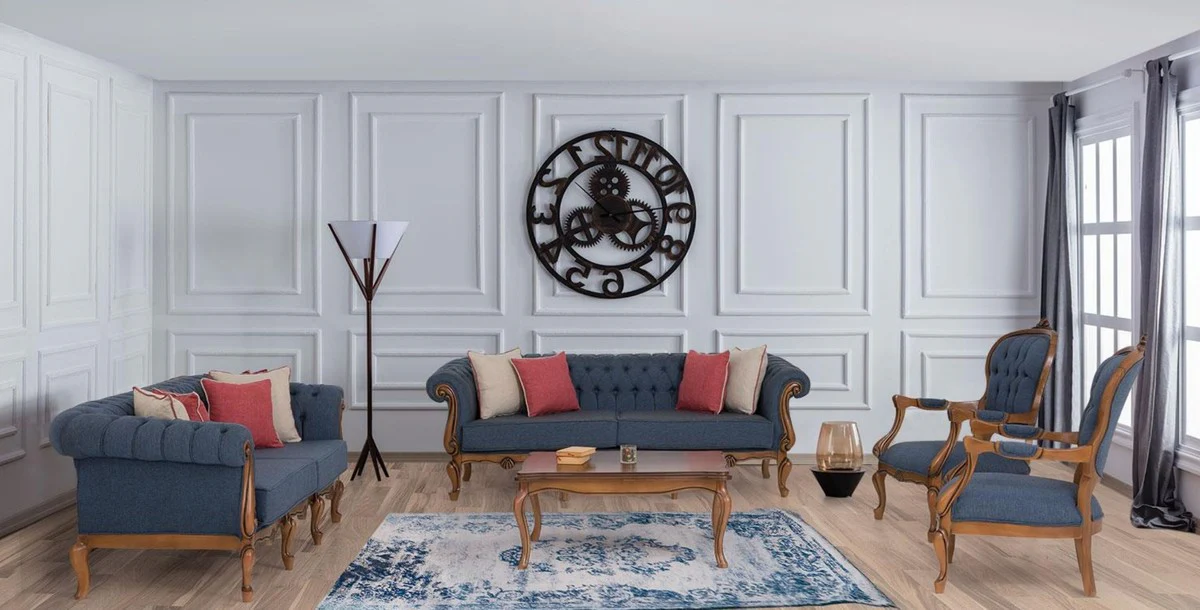 Casa Padrino conjunto de sala de estar barroco de lujo azul / marr¨®n - 2 Sof¨¢s Barrocos y 2 Sillones Barrocos y 1 Mesa de Centro Barroco - Muebles de sal¨®n barrocos