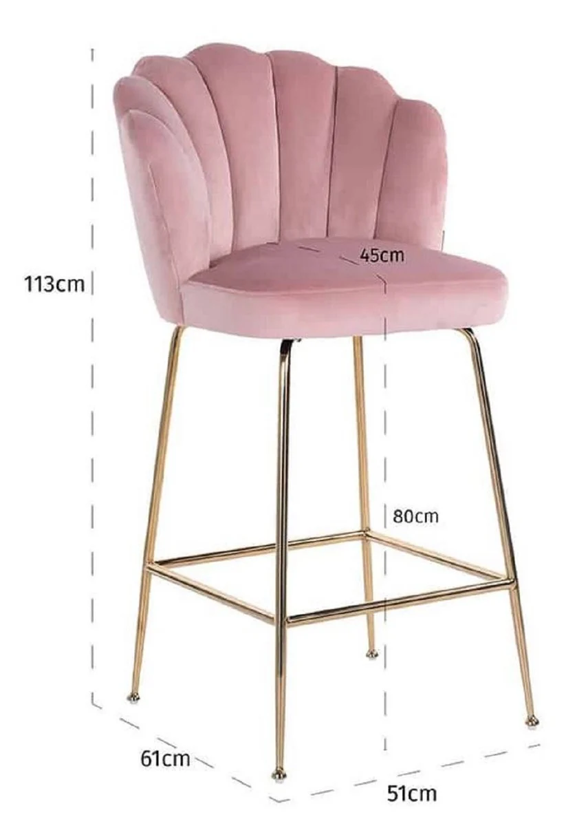 Casa Padrino silla de bar de lujo rosa / oro 51 x 61 x A. 113 cm - Taburete de bar tapizado con terciopelo noble y patas de acero inoxidable - Muebles de bar de lujo