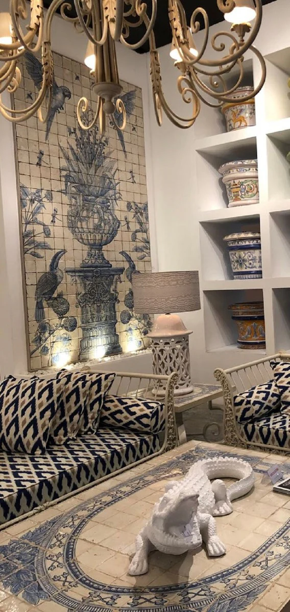 Casa Padrino Conjunto de Muebles de Hierro Forjado Barroco de Lujo Blanco / Azul / Oro - 1 Sof¨¢ & 2 Sillones & 1 Mesa de Centro - Muebles de Sal¨®n - Muebles Jard¨ªn - Muebles Barrocos de Lujo