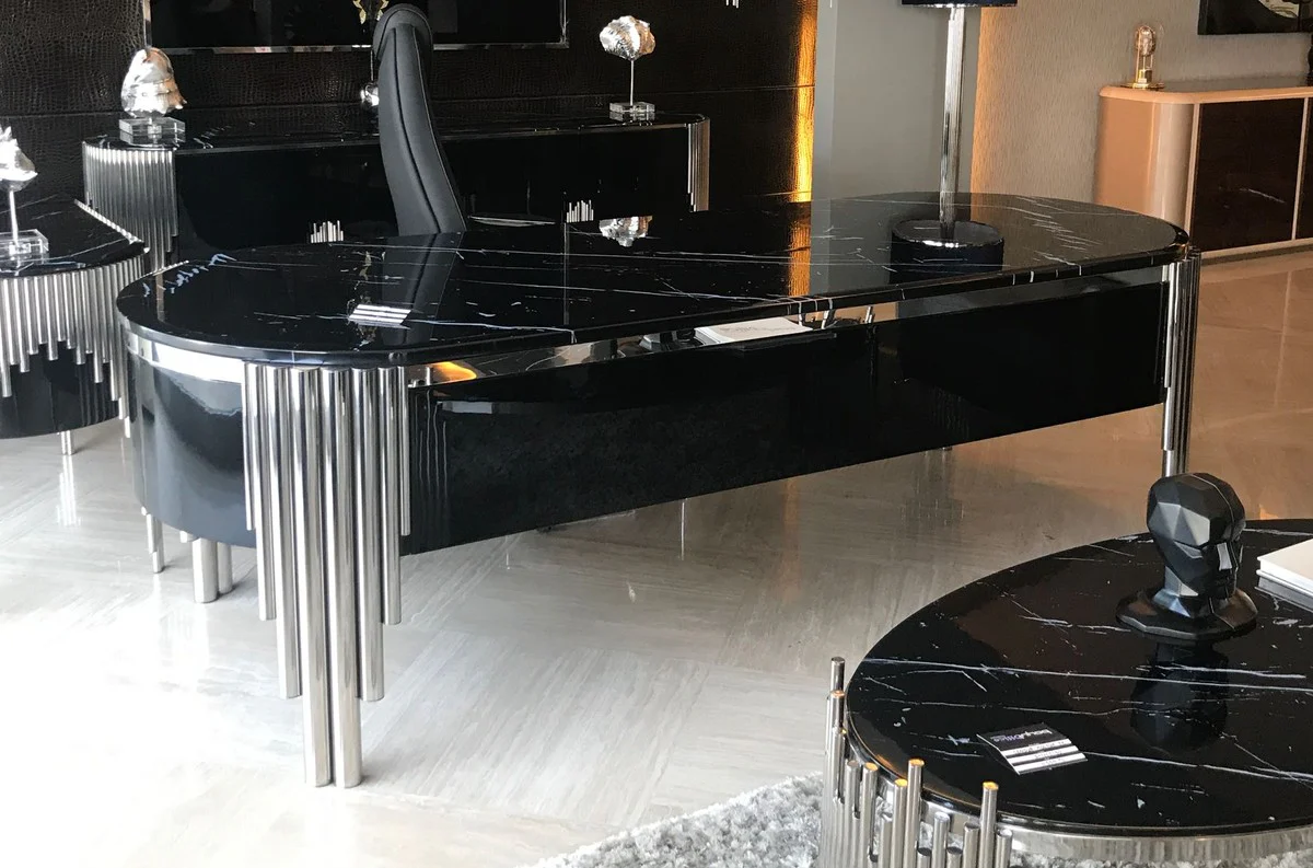 Casa Padrino escritorio de lujo con tablero de m¨¢rmol artificial negro / plata 260 cm - Muebles de oficina de lujo