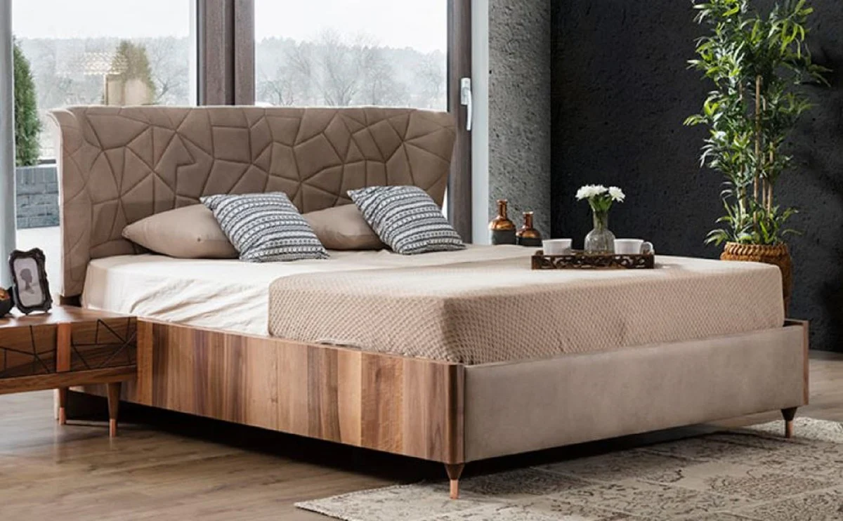 Casa Padrino Cama Doble de Lujo Gris / Marr¨®n / Cobre 193 x 225 x A. 115 cm - Cama de Madera Maciza - Muebles Dormitorio - Muebles Hotel - Muebles de Lujo - Interior de Lujo