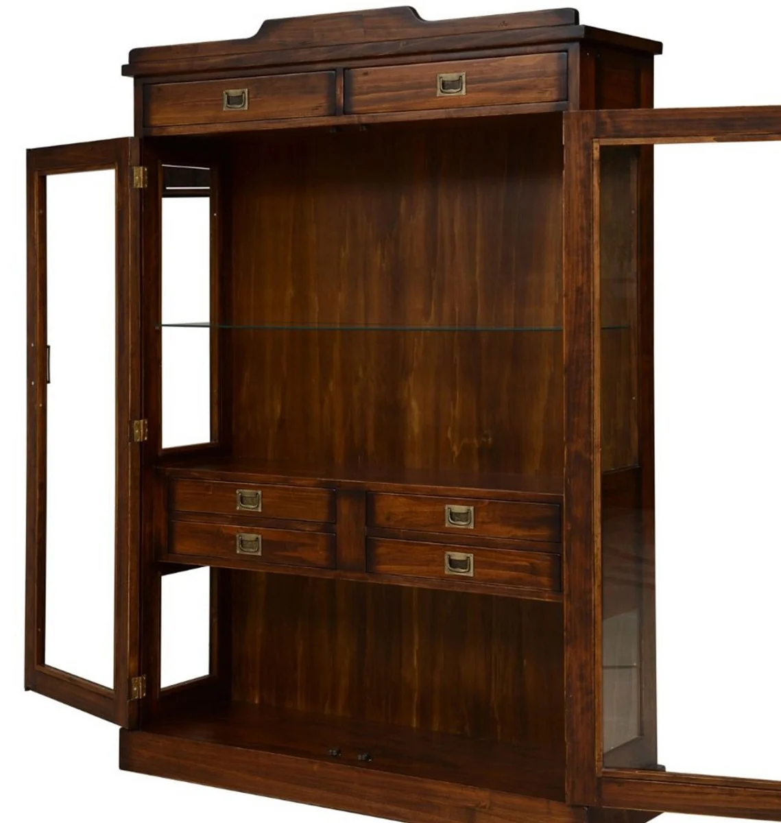 Casa Padrino vitrina de estilo vintage de lujo marrón / latón 120 x 37 x A. 171,5 cm - Vitrina de madera maciza con 2 puertas de vidrio y 6 cajones - Muebles de estilo vintage - Muebles de lujo