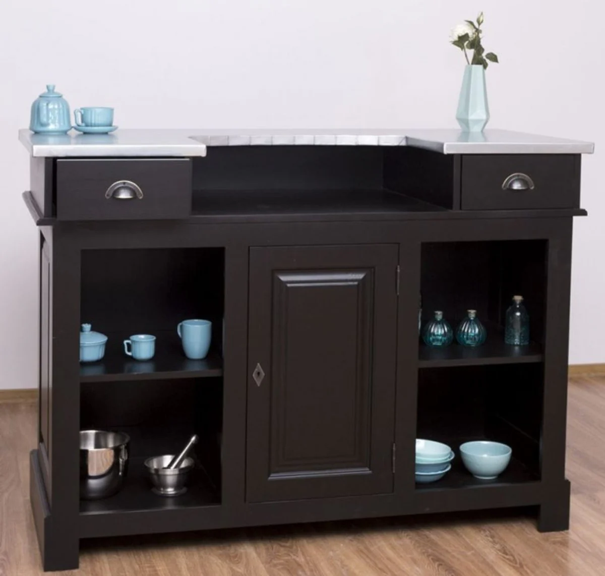 Casa Padrino barra de bar de estilo campestre negro / plata 160 x 65 x A. 107 cm - Barra de bar de madera maciza con sobre de mesa galvanizado - Muebles de bar en estilo campestre