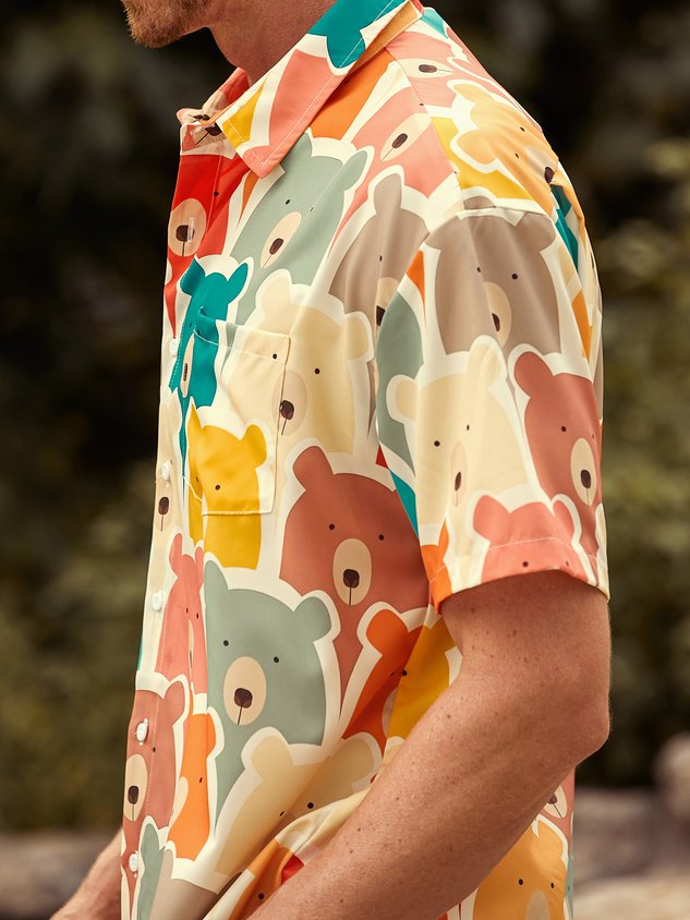 Little Bear Chest Pocket Short Sleeve Casual Shirt