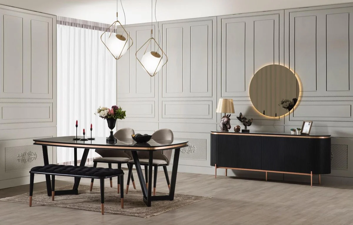 Casa Padrino conjunto de comedor de lujo gris / negro / cobre - 1 Mesa de Comedor y 4 Sillas de Comedor y 1 Banco - Muebles de Comedor de Lujo