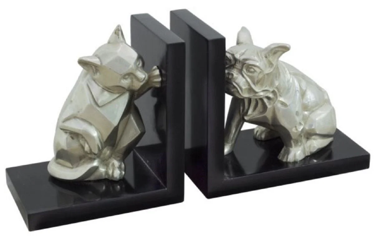 Casa Padrino conjunto de sujetalibro de lujo gato y perro plata / negro 18 x 18 x H. 10 cm - Figuras en Bronce Deco con Base de Madera
