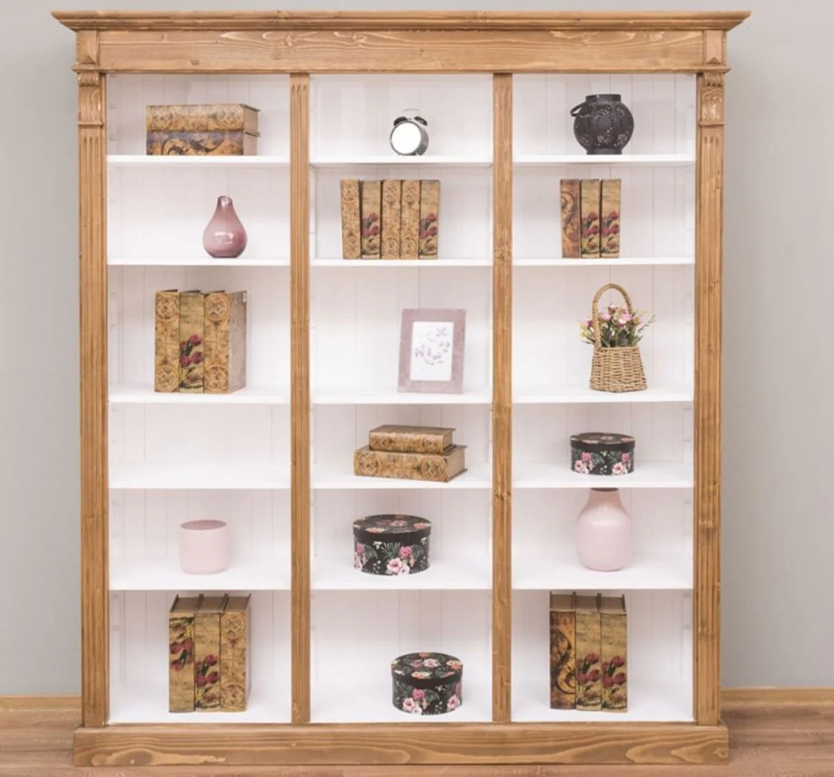 Casa Padrino armario de libros de estilo campestre marr¨®n claro / blanco 180 x 39 x A. 197 cm - Armario de sala de estar - Armario de oficina - Muebles de estilo campestre