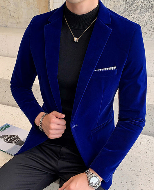 Basic Solid Velvet Lapel Collar Chest Pocket Blazer