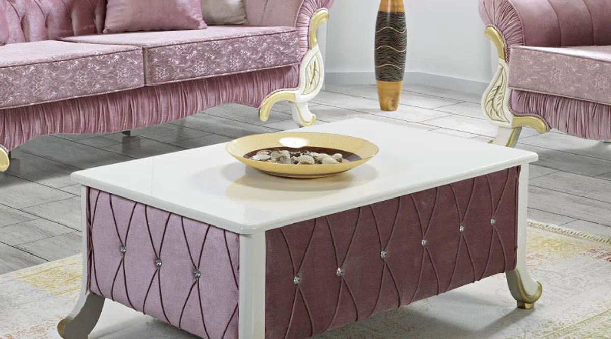 Casa Padrino mesa de centro barroco rosa / blanco / oro 100 x 64 x A. 43 cm - Mesa de sal¨®n de estilo barroco con pedrer¨ªa - Muebles Barrocos