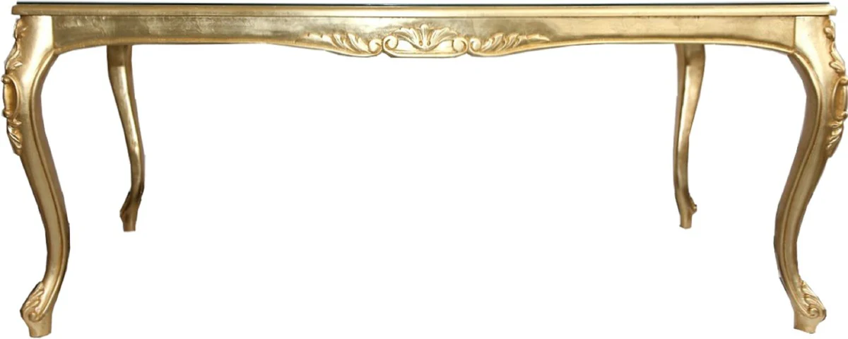 Casa Padrino Conjunto de Comedor Barroco de Lujo Azul Real / Oro - 1 Mesa de Comedor con Tapa de Vidrio y 6 Sillas - Muebles de Comedor Barroco - Hecho en Italia - Colecci¨®n de Lujo