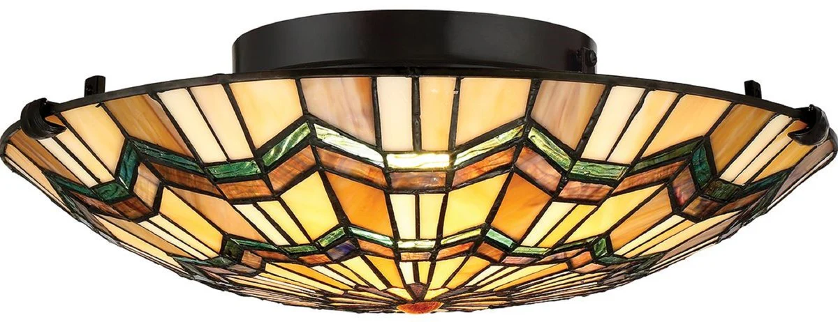 Casa Padrino Lámpara de Techo Tiffany de Lujo Multicolor Ø 42,1 x A. 13,5 cm - Lámpara Tiffany Redonda con Pantalla de Vidrio Hecha a Mano