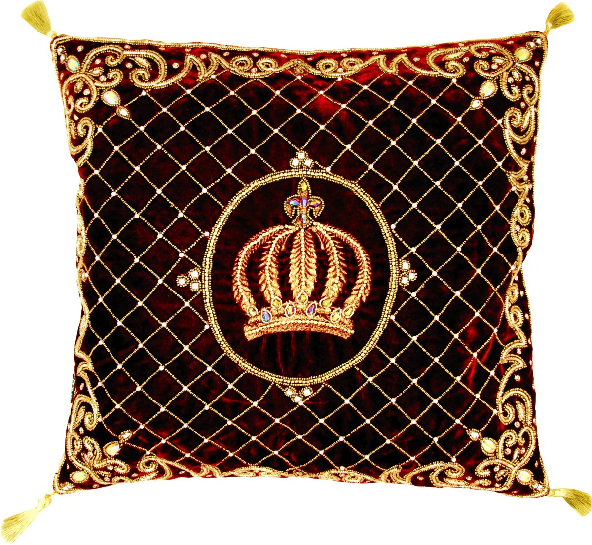 Almohada decorativa barroca de lujo Harald Gl??ckler Pomp??s de Casa Padrino corona burdeos / oro elaboradamente decorada con lentejuelas y pedrer¨ªa