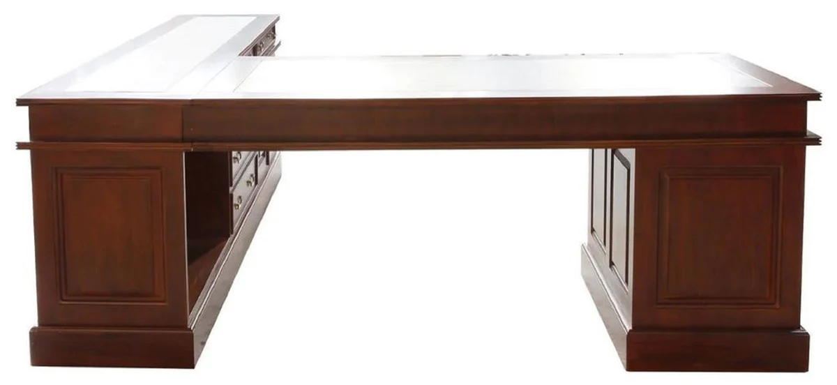 Casa Padrino escritorio esquinero de caoba de lujo marr¨®n oscuro / verde 225 x 200 x A. 80 cm - Mesa de oficina de madera maciza - Muebles de oficina de caoba - Muebles de oficina de lujo