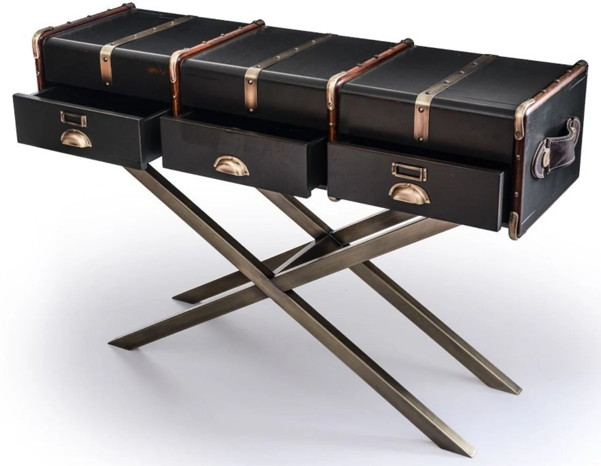 Casa Padrino consola de lujo en ¨®ptica de maleta negro / marr¨®n / lat¨®n 120 x 39 x A. 83 cm - Mesa consola con 3 cajones - Muebles de dormitorio - Muebles de lujo en ¨®ptica de maleta