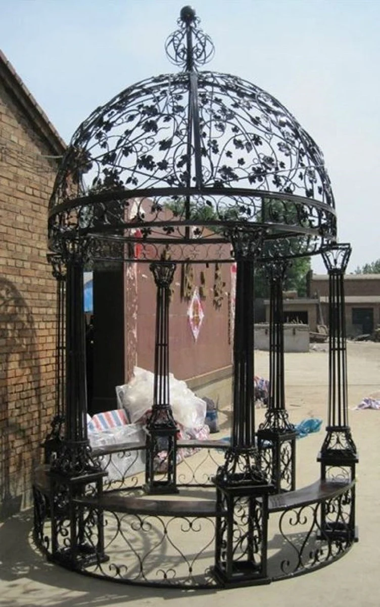 Casa Padrino pabellón de jardín barroco de lujo negro Ø 250 x A. 420 cm - Pabellón redondo de hierro forjado con bancos integrados - Magnífica decoración de jardín en estilo barroco