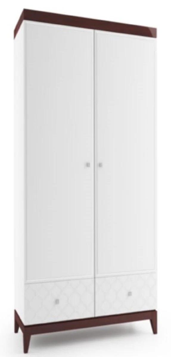 Casa Padrino Armario de Dormitorio de Lujo Blanco / Marr¨®n Brillante 111,2 x 60 x H. 205 cm - Armario de Dormitorio de Madera Maciza con 2 Puertas y 2 Cajones - Muebles de Dormitorio