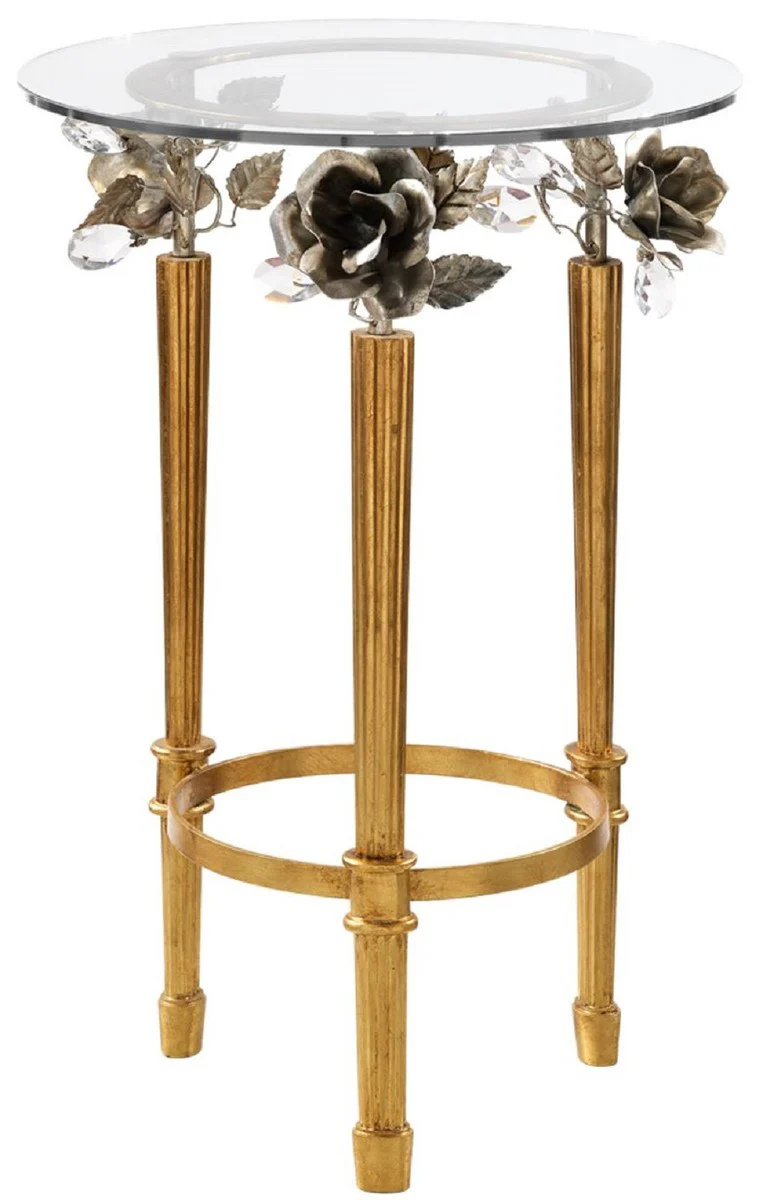 Casa Padrino mesa auxiliar Art Nouveau de lujo oro ? 46 x A. 70 cm - Mesa redonda con tapa de cristal rosas decorativas y cristal Swarovski - Muebles de Sal¨®n Barrocos y Art Nouveau